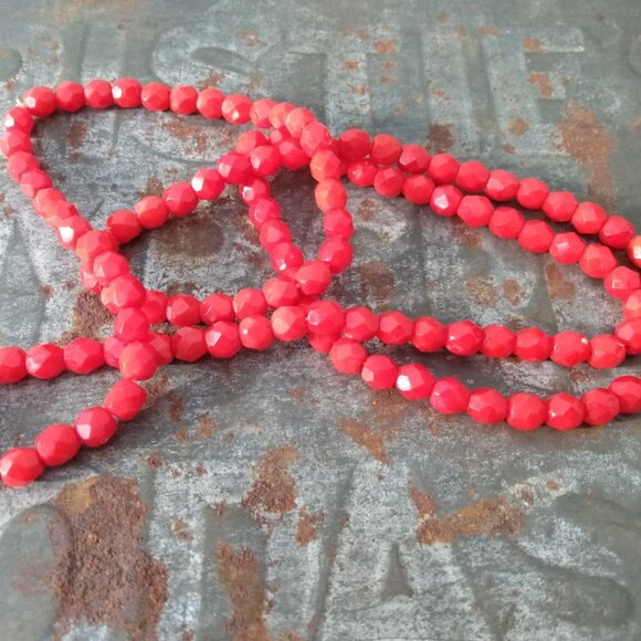 Vintage Scarlet Red Glass Necklace Molded Faceted Beads - Picture 1 of 10